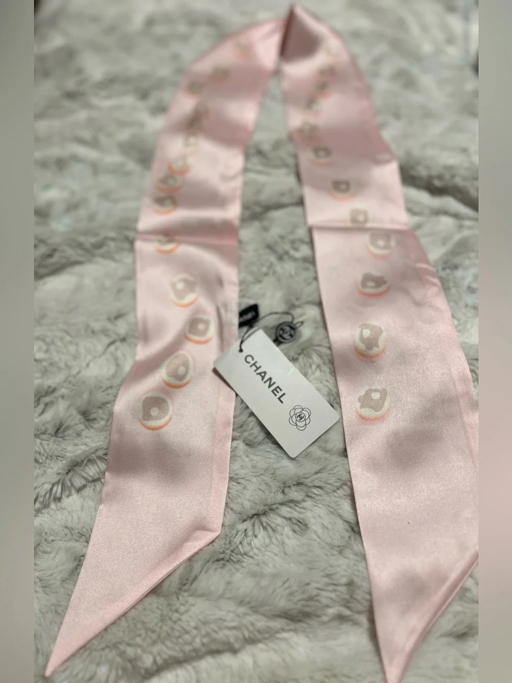 C Light Pink Silk Logo Twilly with Gold Motif